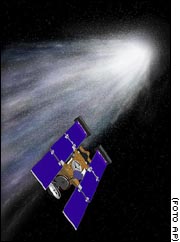 Representacin artstica del acercamiento de la nave Stardust al cometa Wild 2.