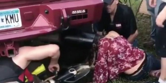 Video: Metió la cabeza en un caño de escape, quedó atrapada y los bomberos tuvieron que rescatarla