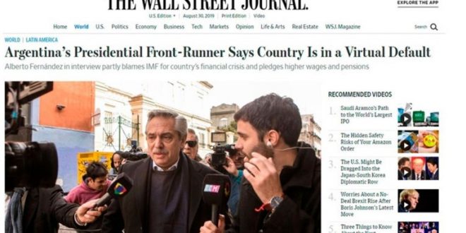 Alberto Fernandez ante The Wall Street Journal: “Argentina está en un default virtual y escondido, por culpa de Macri y el FMI”