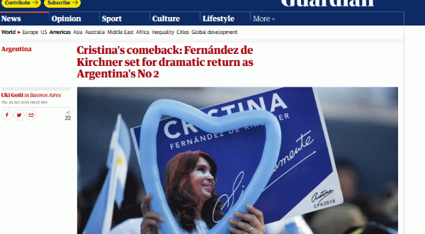 The Guardian" Cristina Kirchner "está lista para un dramático retorno” en las elecciones del próximo domingo
