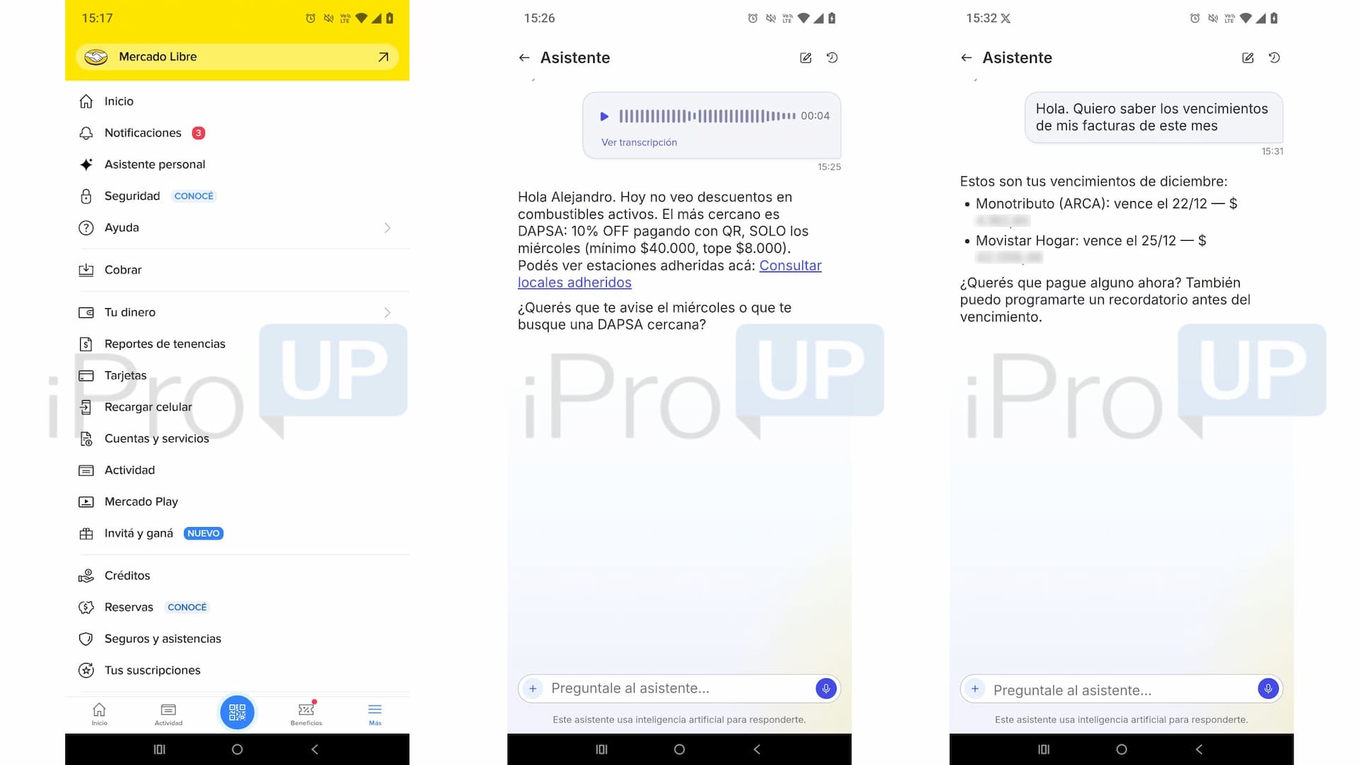 Interfaz del asistente de Mercado Pago