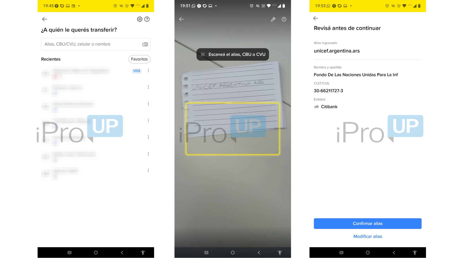 Ejemplo de escaneo de alias en Mercado Pago