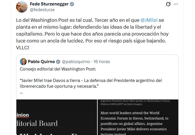 Sturzenegger y Quirno, entre los primeros en elogiar el editorial del WP sobre Milei en Davos.