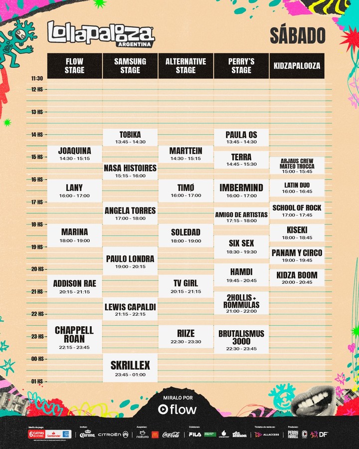 Horarios del Lollapalooza Argentina 2026 - Día 2