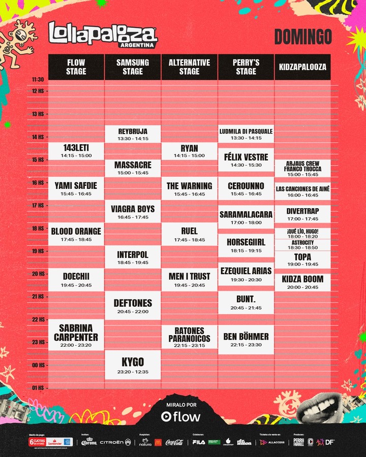 Horarios del Lollapalooza Argentina 2026 - Día 3