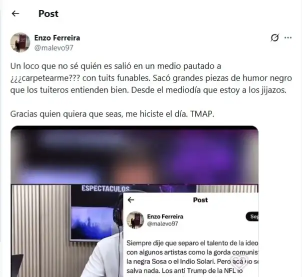 Posteo de Enzo Ferreira contra Mercedes Sosa