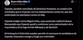 Álvaro Uribe - crédito @AlvaroUribeVel/X