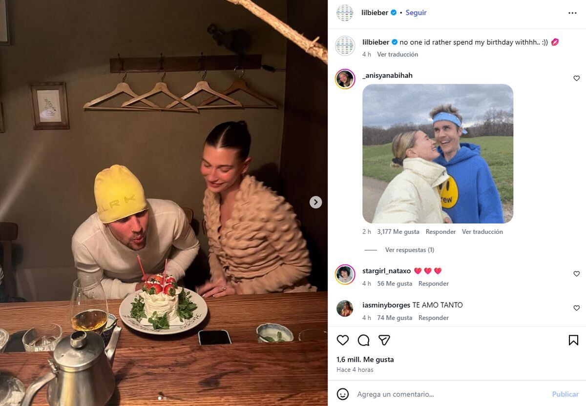 Justin y Hailey Bieber en su cumpleaños