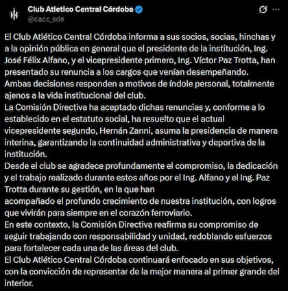 El comunicado que publicó Central Córdoba