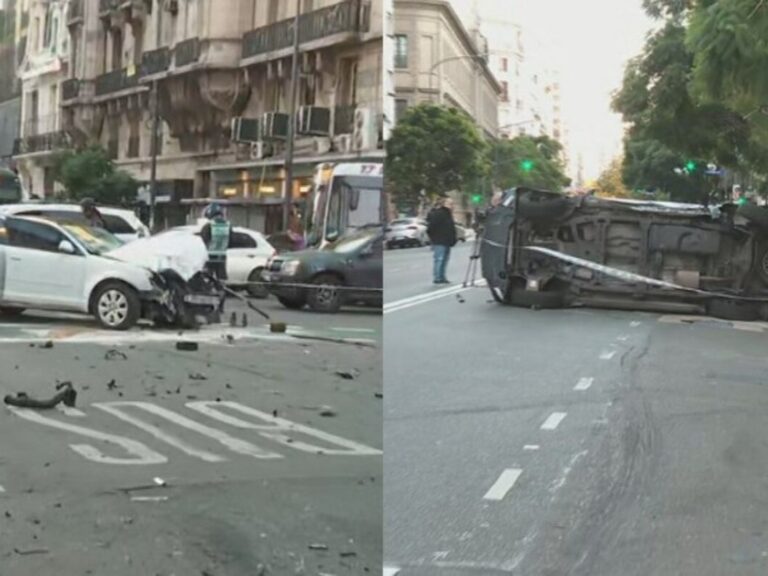Impactante choque en Corrientes y Callao: patrullero volcado y siete heridos
