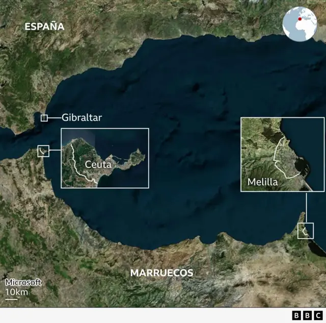 Mapa que muestra Marruecos y Ceuta, marcando las rutas de migrantes