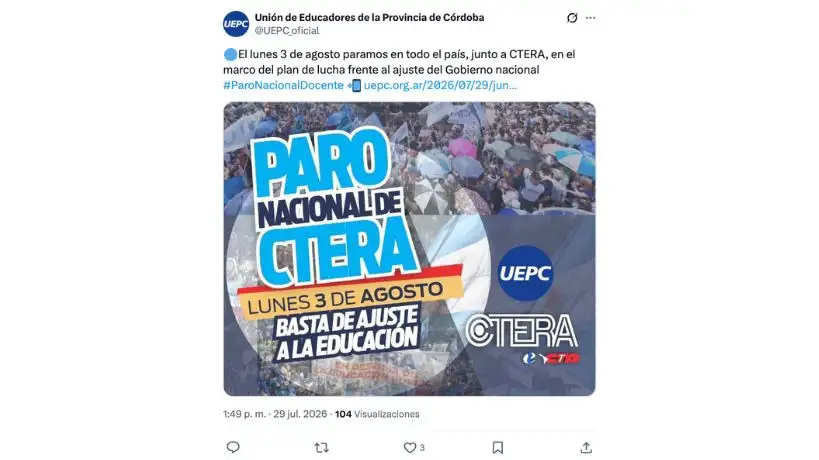Publicación de la UEPC vía X
