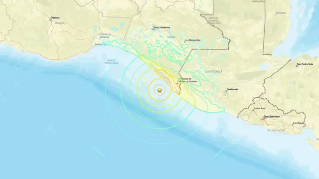 Mapa del epicentro del sismo cerca de la costa sur mexicana