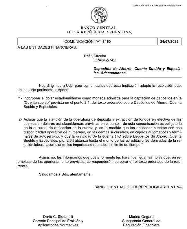 Comunicado del Banco Central